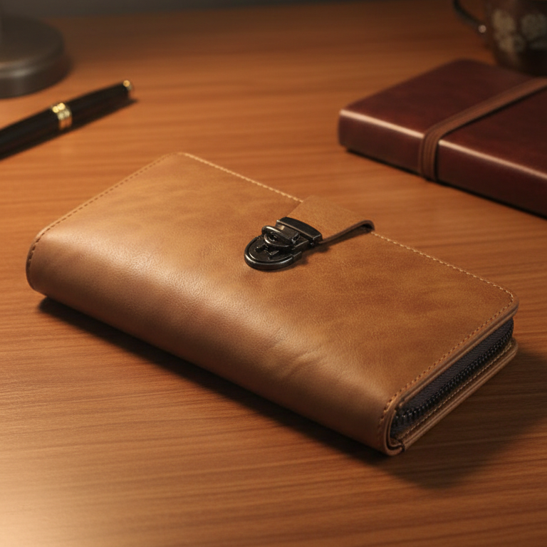 Premium Black Leather Travel Organizer Wallet with Metal Lock Closure